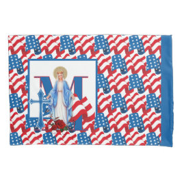 Funda De Cojín Virgen Católica María cruza la bandera norteameric