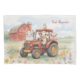 Funda De Cojín Watercolor Baby Animals Driving Red Tractor Farm