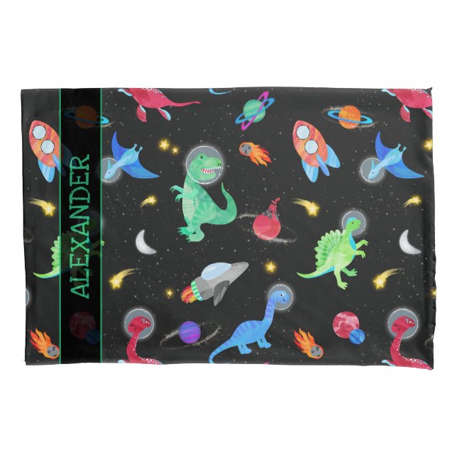 Funda De Cojín Watercolor Dinosaur Astronauts In Space Black (Anverso)