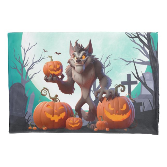 Funda De Cojín Werewolf y calabazas de Halloween (Anverso)