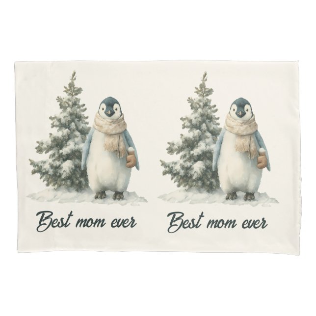 Funda De Cojín Winter Penguin “Best Mom Ever” Design (Anverso)