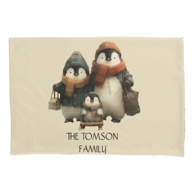 Funda De Cojín Winter Penguin Family Personalized Design (Anverso)