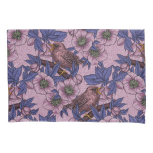 Funda De Cojín Wren y hellebore, rosa y violeta