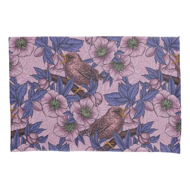 Funda De Cojín Wren y hellebore, rosa y violeta (Anverso-izquierdo)