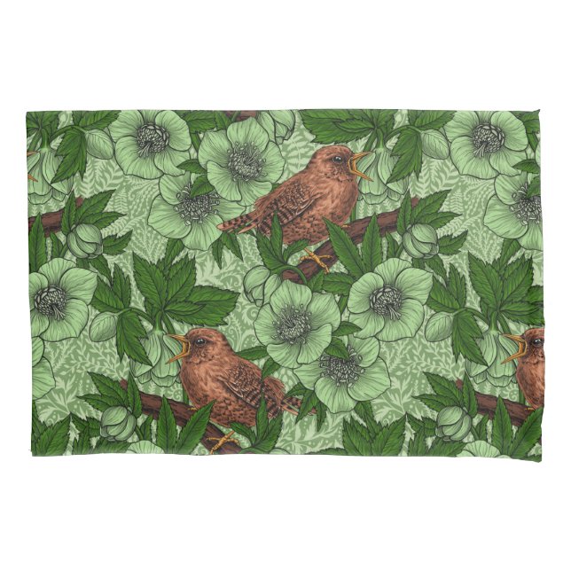 Funda De Cojín Wren y hellebore, verde claro (Anverso-izquierdo)