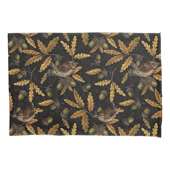 Funda De Cojín Wrens y bellotas sobre negro (Anverso-izquierdo)