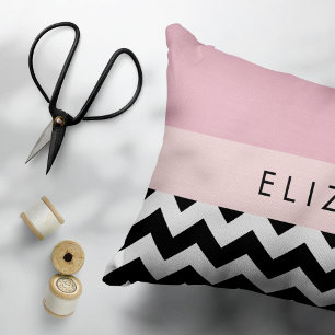 Funda De Cojín Zigzag negro y blanco, chevron, rosado, tu nombre