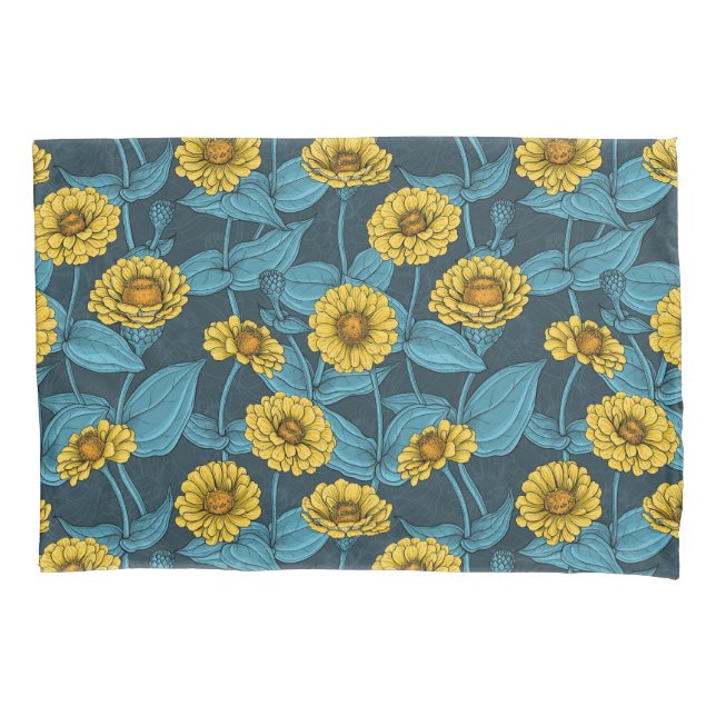Funda De Cojín Zinnias amarillas en azul oscuro (Anverso-izquierdo)