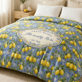 Funda De Edredón Monogram Name Lemon Blue French Country Tile 