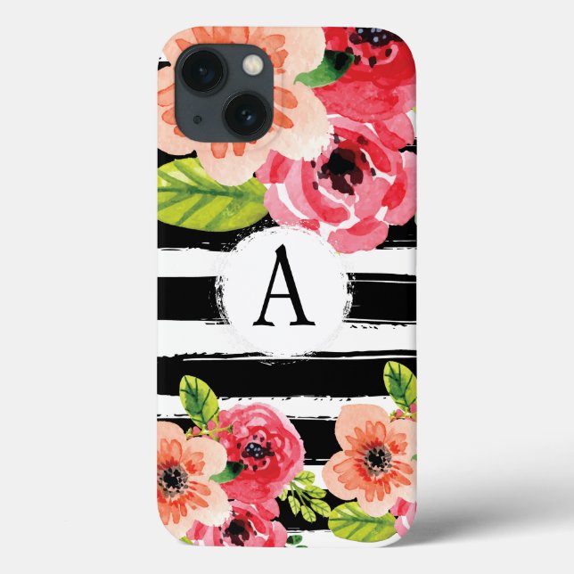 Funda de flores de rayas blancas negras monogramad (Reverso)