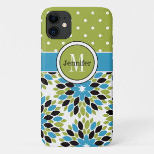 Funda de iPhone 11 Floral, puntos Azul, Verde