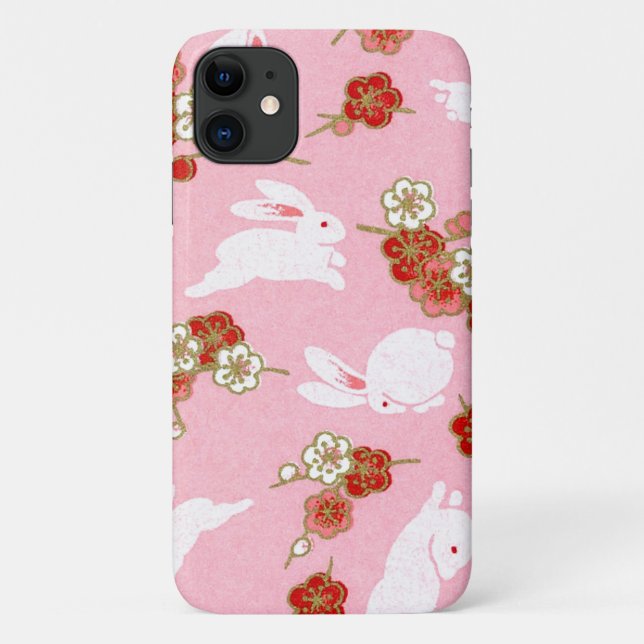 Funda de iPhone 11 rosa sakuras y conejos de arte  (Reverso)