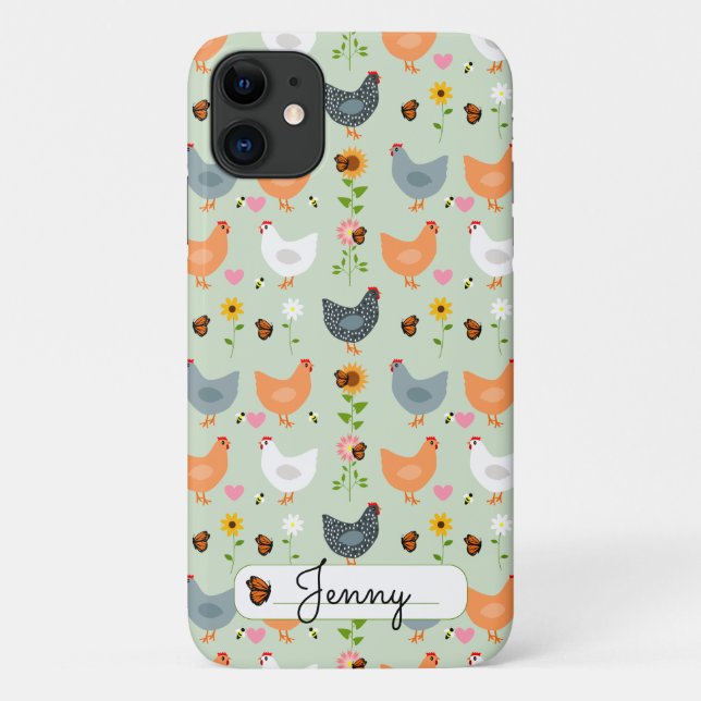 Funda de iPhone 11 verde de pollo floral personali (Reverso)