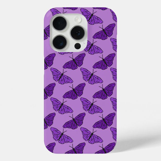funda de iPhone 15 Pro. Diseño de mariposa morada. (Reverso )