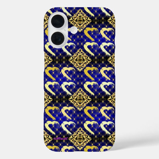 Funda de lujo Royal Blue and Gold Hearts iPhone 16 (Reverso )