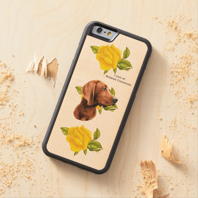 Funda De Madera Para iPhone De Carved Coonhound de Redbone y rosas amarillos (In Situ)