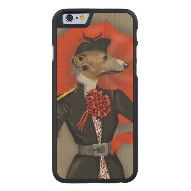 Funda De Madera Para iPhone De Carved Elegante Greyhound y paraguas rojos (Reverso)