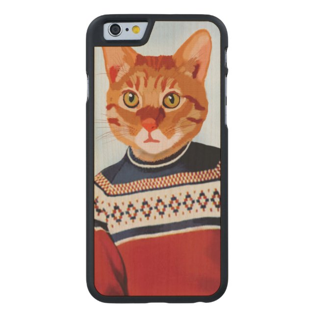 Funda De Madera Para iPhone De Carved Gato en suéter de esquí (Reverso)