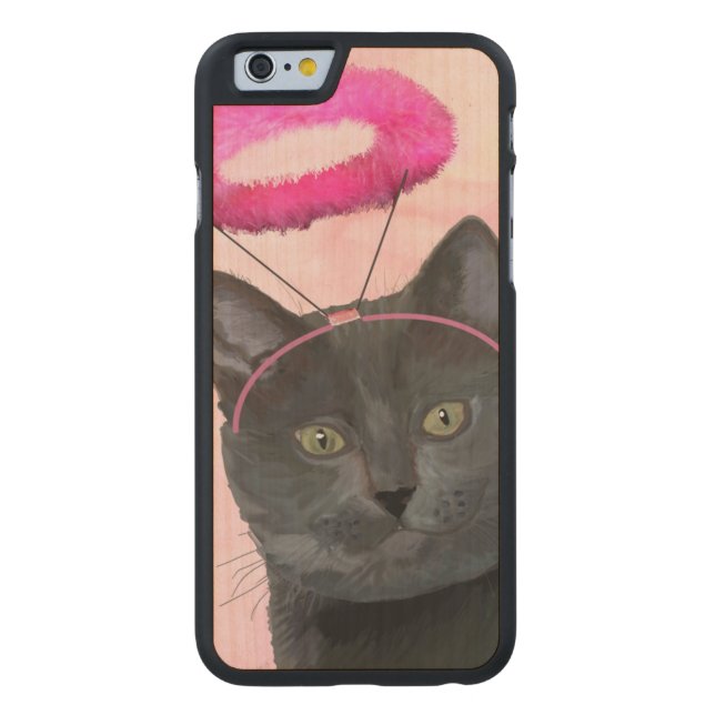 Funda De Madera Para iPhone De Carved Gato negro con Angel Halo rosa (Reverso)