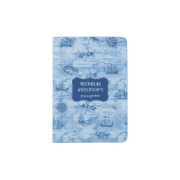 Funda De Pasaporte Buques de Monstruos Marinos en el mapa azul vintag