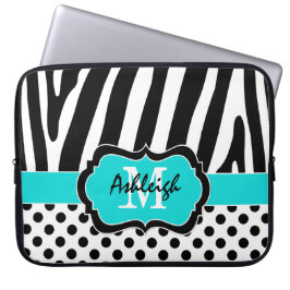 funda de portátil Aqua Black Zebra Stripes Polka D