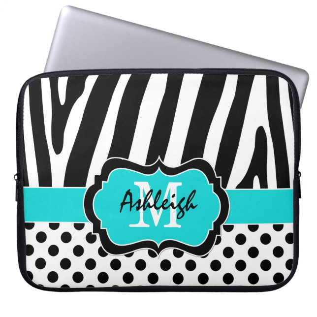 funda de portátil Aqua Black Zebra Stripes Polka D (Frente)