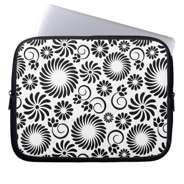 funda de portátil floral en blanco y negro (Frente)