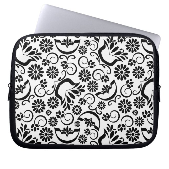 funda de portátil floral en blanco y negro (Frente)