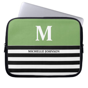 Funda de portátil rayado negro verde para mujeres 