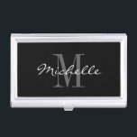funda de tarjetas de visita con monograma blanco y<br><div class="desc">Glamoroso funda corporativo de tarjetas de visita en blanco y negro. Plantilla de tipografía de script elegante con letra inicial de nombre. Agregue su propio nombre personalizado o nombre de empresa. Titular de la tarjeta biz Personalizado para empresarios. moda clásica diseño para hombres y mujeres profesionales.</div>