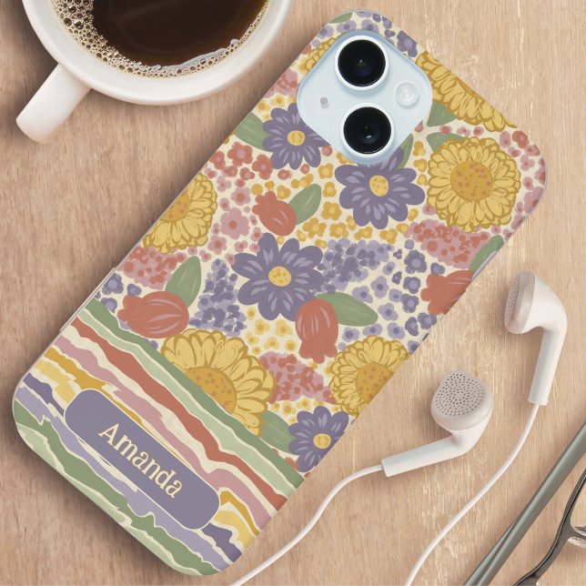 Funda de teléfono con raya floral y nombre persona (Personalized Floral Stripe Phone Case - Gift for Her)