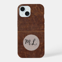 Funda de teléfono de cuero marrón con costura cent