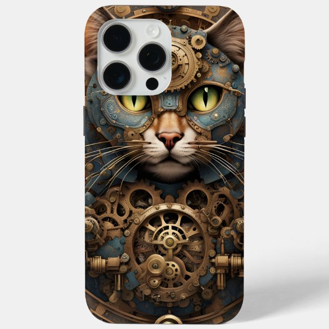 funda del gato azul steampunk AI art iPhone 15 Pro (Reverso )