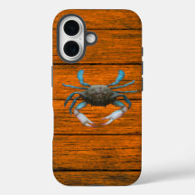 Funda del iPhone 16 de Blue Crab Wood Grain