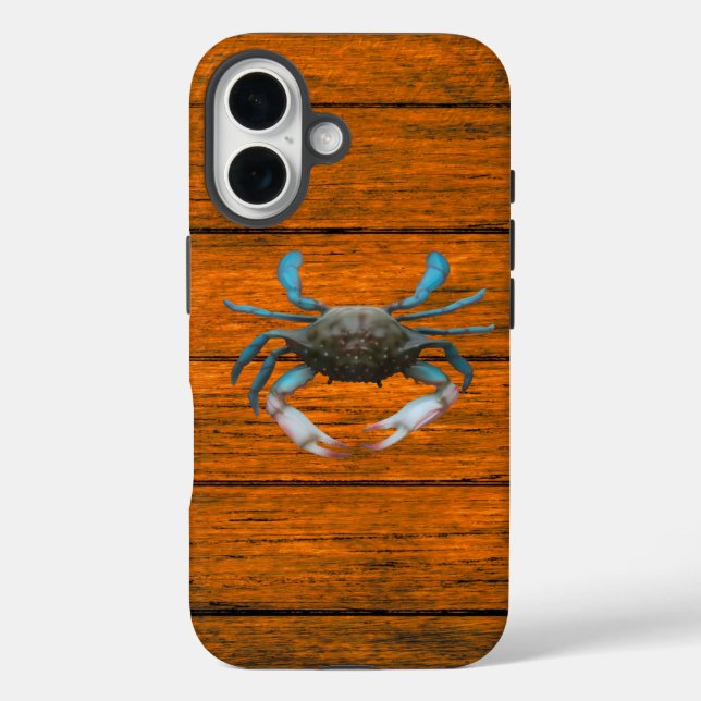 Funda del iPhone 16 de Blue Crab Wood Grain (Reverso )