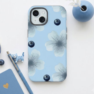Funda estética de flores azul pastel y arándanos