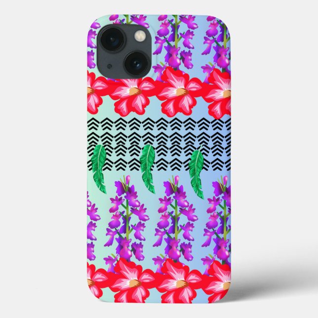 Funda Floral Monograma iPhone 13, fondo azul (Reverso)