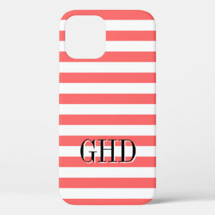 Funda iPhone 12 con monograma coral y rayado blanc