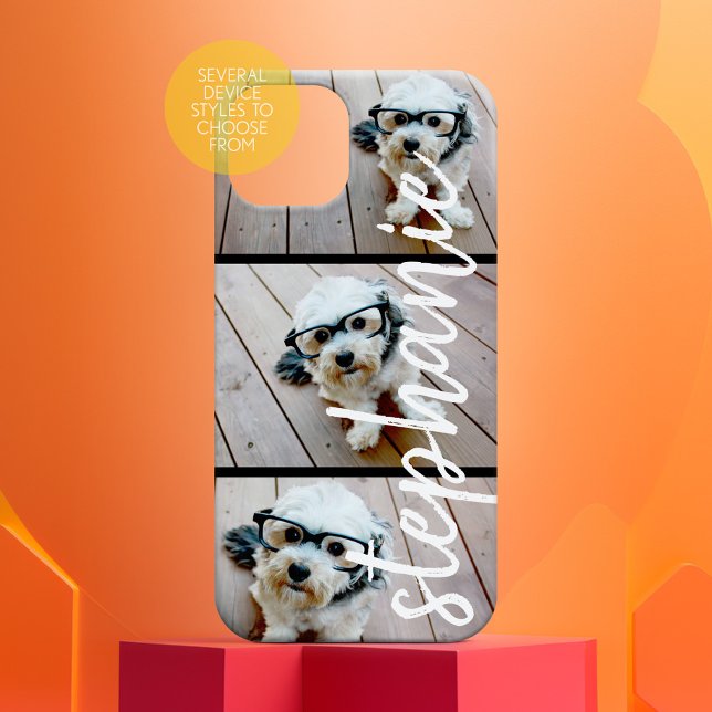 Funda iPhone 16 3 Collage de fotos - Imágenes horizontales con nom (Personalized Phone Case with Custom Text and Trendy Design)