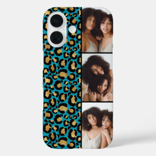 Funda iPhone 16 3 Foto Estampado Leopardo Ámbar y Verde Teal