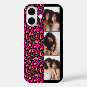 Funda iPhone 16 3 Foto Estampado Leopardo Rosa Fucsia y Dorado