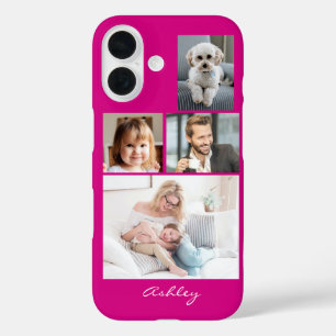 Funda iPhone 16 4 fotos familiares o amigos, nombre de guión en Fu