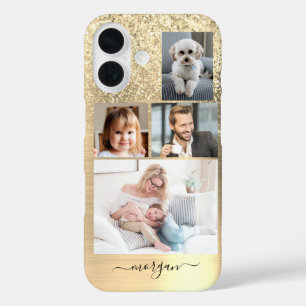 Funda iPhone 16 4 Fotos, Faux Brushed Gold Metalizado, Purpurina,
