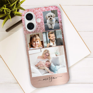 Funda iPhone 16 4 Fotos, Faux Brushed Metalizado, Purpurina, Nombr