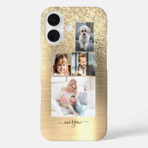 Funda iPhone 16 4 Fotos, Metal con Falso Oro Bruñido, Brillantina,