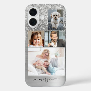 Funda iPhone 16 4 Fotos, Metal Plateado Bruñido Falso, Brillo, Nom