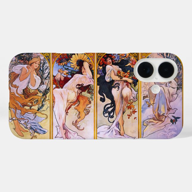 Funda iPhone 16 4 temporadas de Alphonse Mucha, Art Nouveau vintag (Reverso (Horizontal))