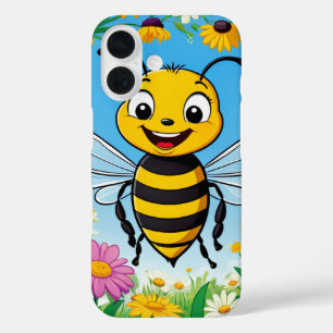Funda iPhone 16 Abeja de Dibujos Animados Flores Coloridas