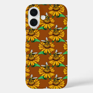 Funda iPhone 16 Abeja en diseño de patrón de flor de girasol marró