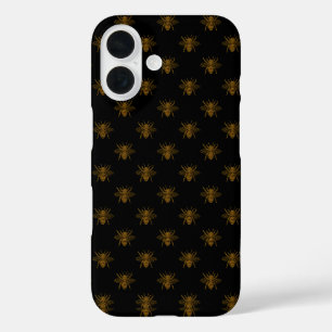 Funda iPhone 16 Abejas de lámina metálica dorada sobre negro
